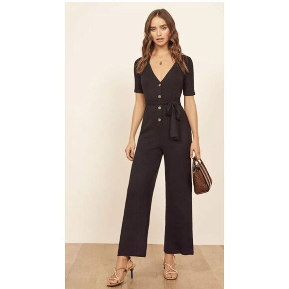 Reformation Camille Ribbed Knit Button V-Neck Jumpsuit - Picture 1 of 9